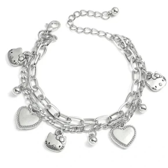Hello Kitty Charm Bracelet Rhinestone Hearts Double Chain Emo Beads Trendy Rave - Picture 1 of 3